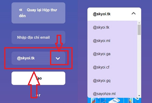 Lựa chọn tên miền của email