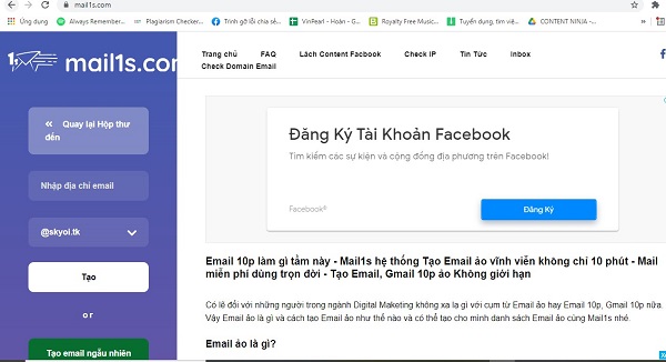 Giao diện của website Email1s