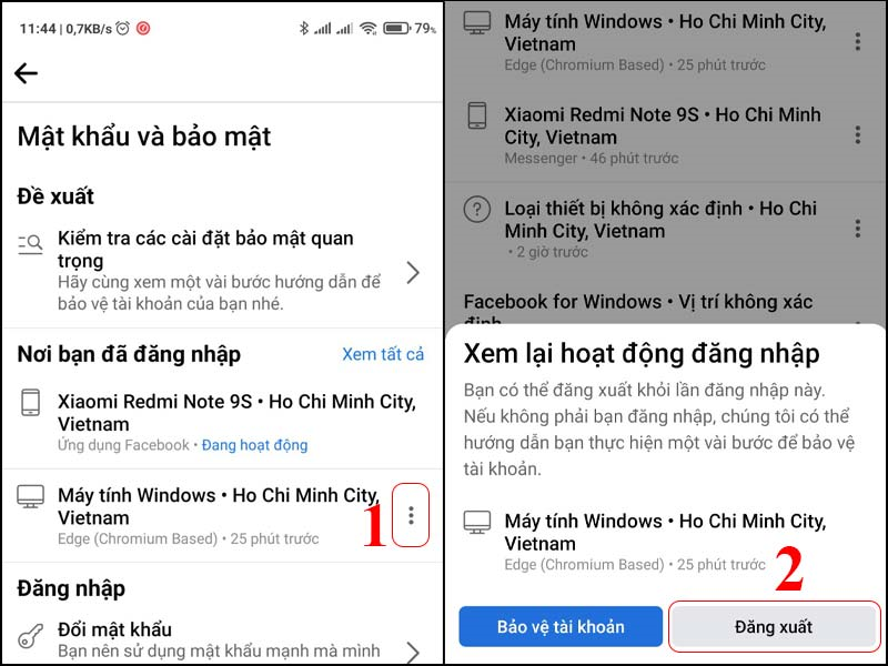 Chọn thiết bị để đăng xuất Facebook, Messenger